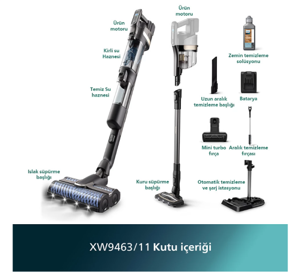 9000 Serisi AquaTrio Islak&Kuru Kablosuz Dikey Süpürge XW9463/11