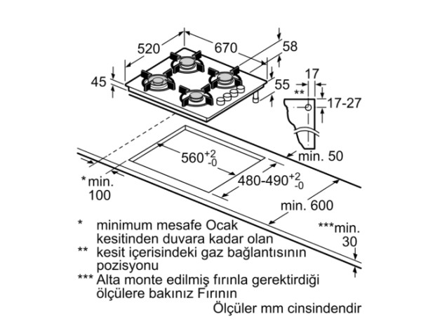 iQ300 Gazlı Ocak 67 cm Sert cam, Siyah - EO7C6HP30O