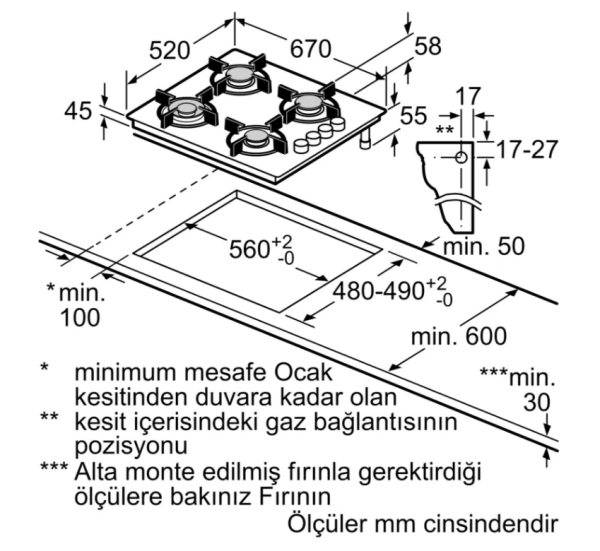 iQ300 Gazlı Ocak 67 cm Sert cam, Beyaz - EO7C2HP30O